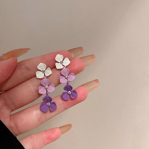 Detail of purple gradient floral earrings with sparkling crystal accents and silver needles