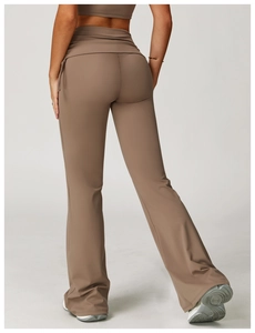 Rear view of mocha high waisted flare yoga pants with wide crossover waistband detail