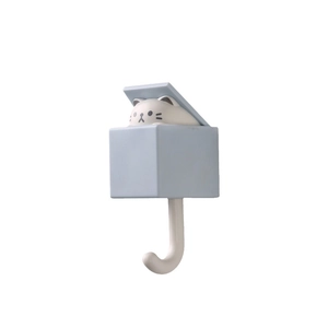 Cute blue cartoon cat wall hook with creative retractable design and matte finish
