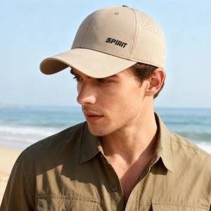 Breathable beige baseball cap with Spirit embroidery and laser cut holes for outdoor sports