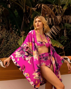 Detailed view of fuchsia floral bikini set with matching long-sleeved kimono cover-up