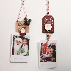 Christmas Wooden Hanging Ornaments Santa Claus Snowman Reindeer Photo Clips With Rope Pine Cones Holiday Home Tree Decor