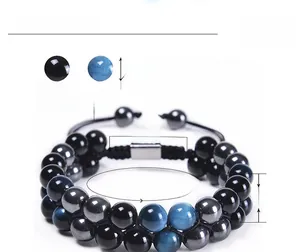 Detail eines 8mm Blaues Tigerauge und Schwarzer Achat Doppelarmbandes, verstellbar