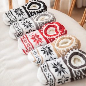 Winter Floor Socks Fleece Lining Thick Knit Warm Anti-Slip Indoor Slipper Socks Nordic Snowflake Pattern Women Men