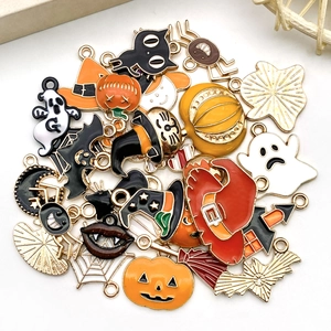 Set of Halloween alloy enamel charms featuring pumpkin, ghost and witch hat designs