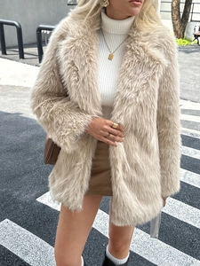 Elegant beige faux fur coat for women, street style fashion with soft plush texture