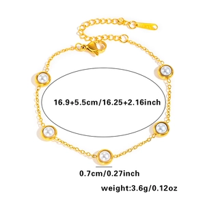 Detail view of gold pearl bracelet with five white beads, 16.9+5.5cm chain length specs