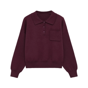 Burgundy polo knit sweater for women with long sleeves, lapel collar, and chest pocket