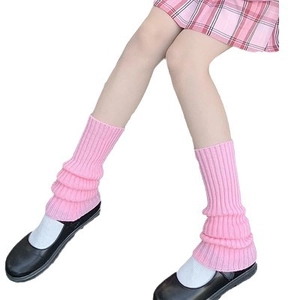 Pink Lolita knitted leg warmers for girls paired with shoes and a checkered skirt