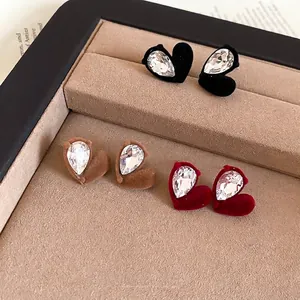 Heart Stud Earrings Alloy Velvet Flocking Rhinestone Teardrop Crystal With 925 Sterling Silver Earring Post Retro Vintage