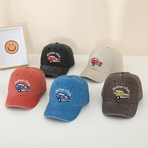 Kids Baseball Cap Washed Cotton Vintage Car Embroidery Motor Club Retro Sun Hat For Boys And Girls Adjustable