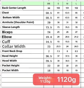 Guide des tailles pour manteau long léopard avec mesures détaillées du vêtement en cm