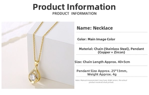 Macro shot of gold teardrop zircon necklace with 40+5cm stainless steel chain