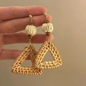 Bohemian rattan weave triangle drop earrings with wooden beads and silver pins