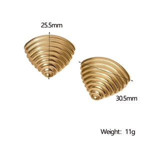 Detailed view of gold geometric fan earrings showing 30.5mm dimensions and 11g weight