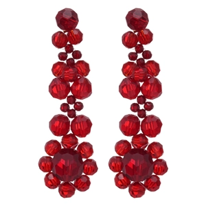 Elegant red crystal flower tassel drop earrings with silver pins for a stylish woman