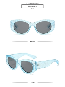 Detail of blue glitter oval sunglasses with dark lenses from front and side angles