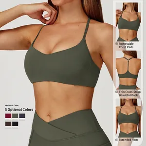 Ensemble soutien-gorge de yoga vert olive et legging à taille en V avec dos croisé
