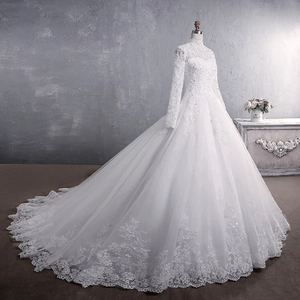 Elegant white lace wedding dress with high neck, long sleeves and cathedral train tail
