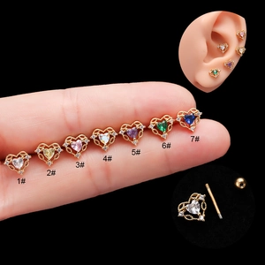Zircon Hollow Heart Ear Cartilage Studs With Screw Back Stainless Steel Copper Piercing Jewelry For Women