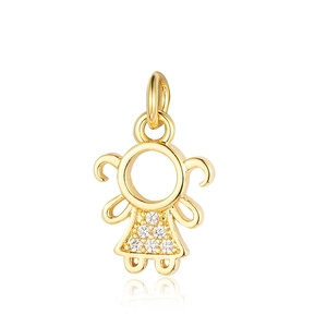 Macro view of gold girl-shaped pendant with cubic zirconia inlay and polished finish