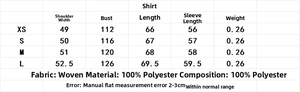 Size chart for linen shirts showing measurements of shoulders bust length and sleeves