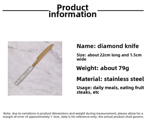 Macro view of 22cm stainless steel steak knife with luxury white crystal inlaid handle