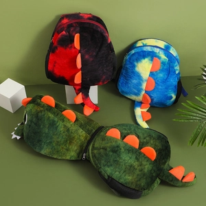 Three plush dinosaur backpacks for kids in vibrant red, blue and green tie-dye patterns