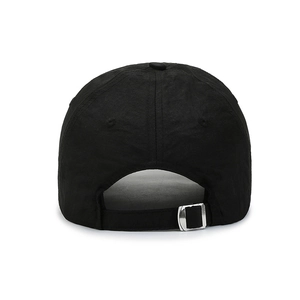 Back view of black quick-dry baseball cap with adjustable silver metal buckle on white background