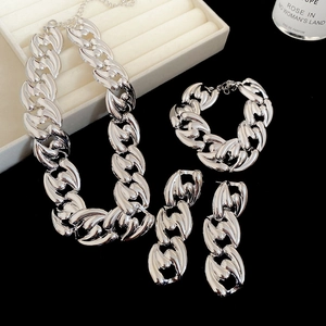 Detailed view of silver thick link chain jewelry set with necklace bracelet and earrings