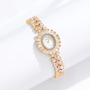 Luxury Women's Quartz Watch Full Zircon Inlay Mother Of Artificial Pearl Dial Mineral Glass Waterproof Elegant Jewelry Metal Band