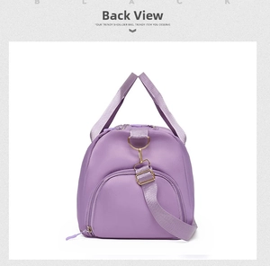 Rear view of purple travel bag with waterproof nylon fabric and golden metal hardware