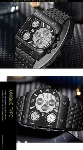 Detailed close-up of a black square multi-timezone sport watch with metal band and quartz movement