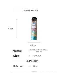 Detailed specs of colorful woven hair ties in a clear cylinder case for high ponytails