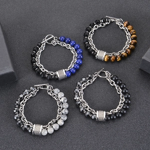Double-layer stainless steel beaded bracelet with natural stone and OT toggle clasp