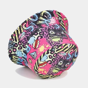 Retro graffiti bucket hat featuring neon radio and leopard patterns for summer parties