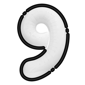 Macro shot of white number 9 foil balloon with decorative black segmented border details
