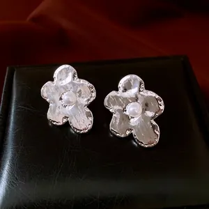 Hammered Alloy Flower Stud Earrings With Artificial Pearl And 925 Sterling Silver Earring Post Retro Minimalist Jewelry For Women