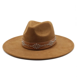 Winter faux suede camel fedora hat with studded leather band and wide brim design