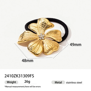 Detailed view of 48mm golden flower metal hair tie with stainless steel specifications