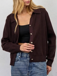 Women Long Sleeve Knit Cardigan Sweater Lapel Collar Ribbed Solid Color Gold Buttons Elegant Office Lady Casual Top