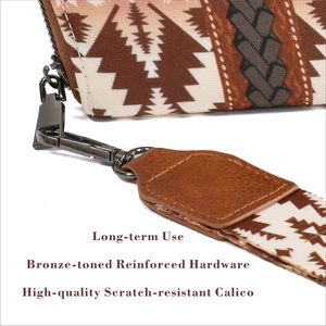 Detail of bronze-toned reinforced hardware and scratch-resistant ethnic pattern canvas