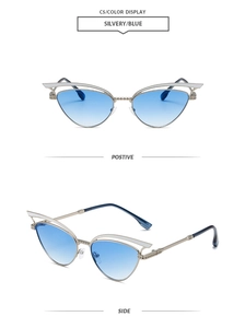 Details einer silbernen Katzenaugen-Sonnenbrille mit blauen Gläsern und Webstruktur