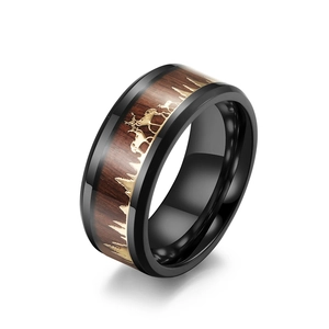 Polished black stainless steel ring with inlaid brown wood and gold elk forest pattern