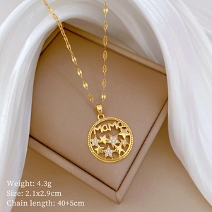 Detail of gold MAMA necklace with star charms on white silk, includes size and weight data
