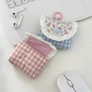 Lace cotton earbud pouches in pink plaid and floral blue with plastic hooks