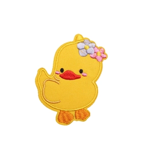 Cute yellow duck cartoon embroidery patch with floral accents for children's clothing