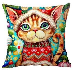 Christmas watercolor ginger cat pillowcase featuring festive ornaments on white background