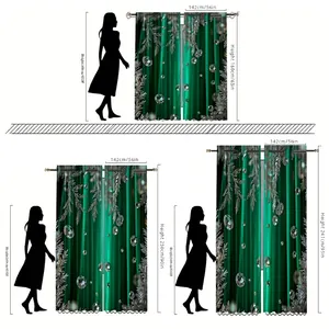 Size chart for dark green Christmas curtains with silver branch patterns and size guide