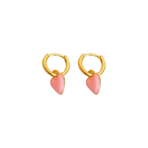 Vintage style gold hoops with pink enamel heart pendants in minimalist display